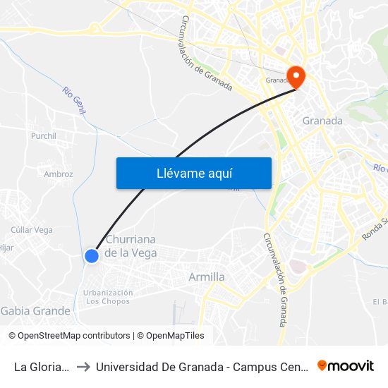 La Gloria V to Universidad De Granada - Campus Centro map