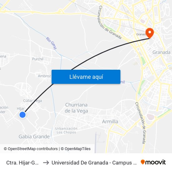 Ctra. Híjar-Gabia to Universidad De Granada - Campus Centro map