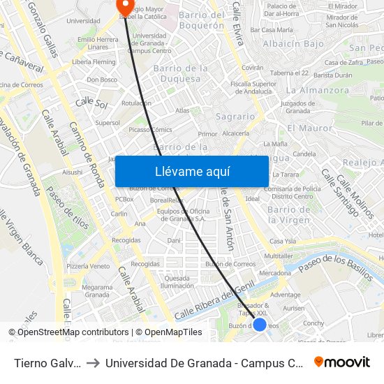 Tierno Galván to Universidad De Granada - Campus Centro map