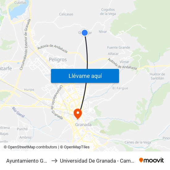 Ayuntamiento Güevéjar to Universidad De Granada - Campus Centro map