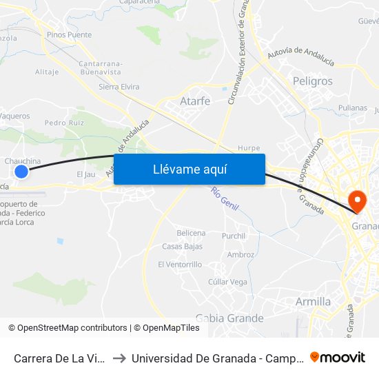 Carrera De La Virgen 2 to Universidad De Granada - Campus Centro map