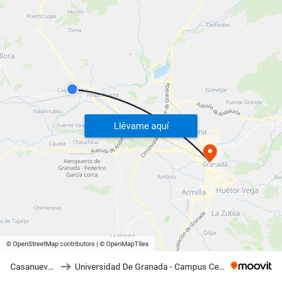 Casanueva 2 to Universidad De Granada - Campus Centro map