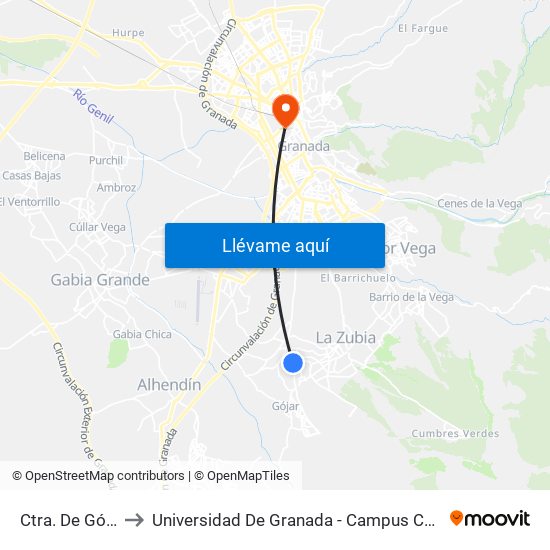 Ctra. De Gójar to Universidad De Granada - Campus Centro map