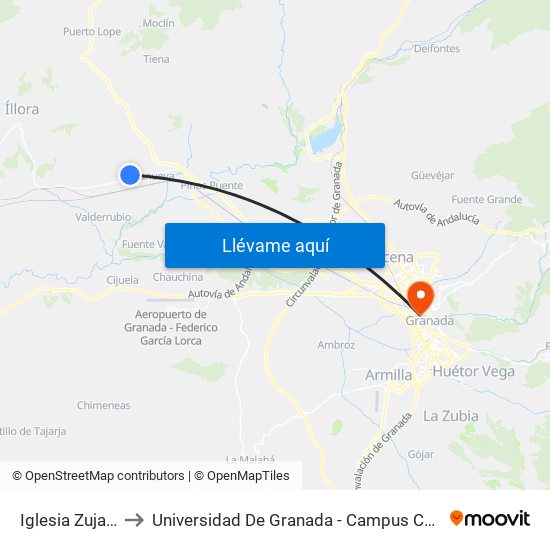 Iglesia Zujaira to Universidad De Granada - Campus Centro map