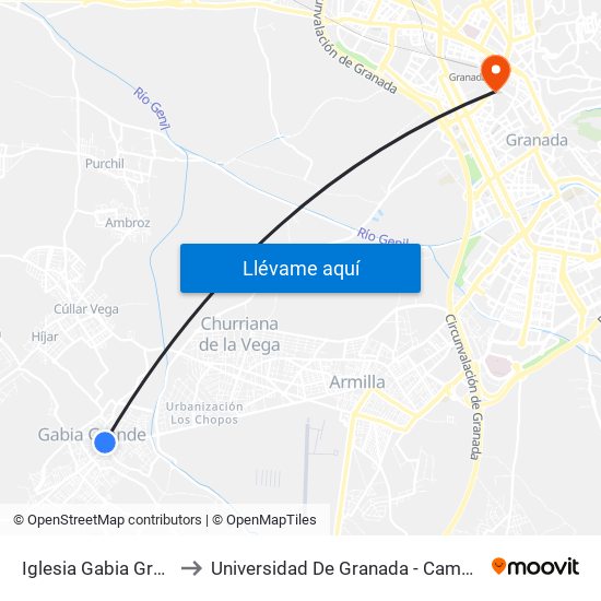 Iglesia Gabia Grande V to Universidad De Granada - Campus Centro map