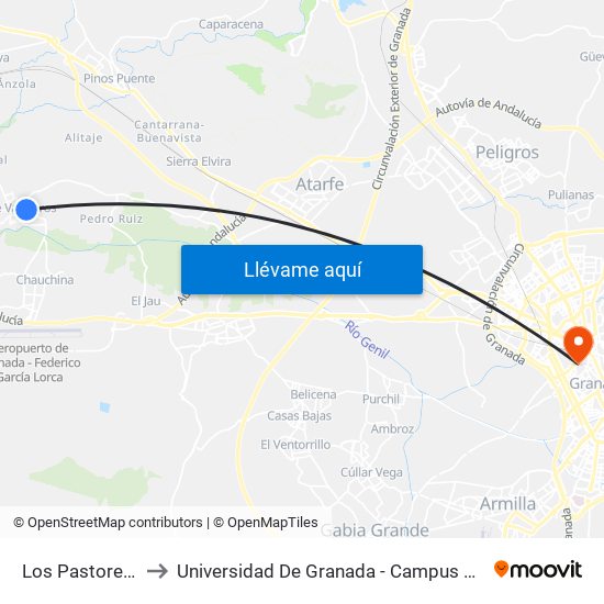 Los Pastoreros to Universidad De Granada - Campus Centro map