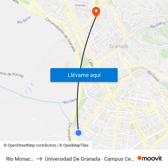 Río Monachil to Universidad De Granada - Campus Centro map