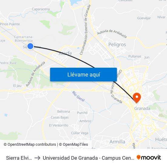 Sierra Elvira to Universidad De Granada - Campus Centro map