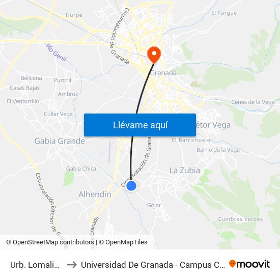 Urb. Lomalinda to Universidad De Granada - Campus Centro map