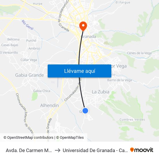 Avda. De Carmen Morcillo 1 V to Universidad De Granada - Campus Centro map