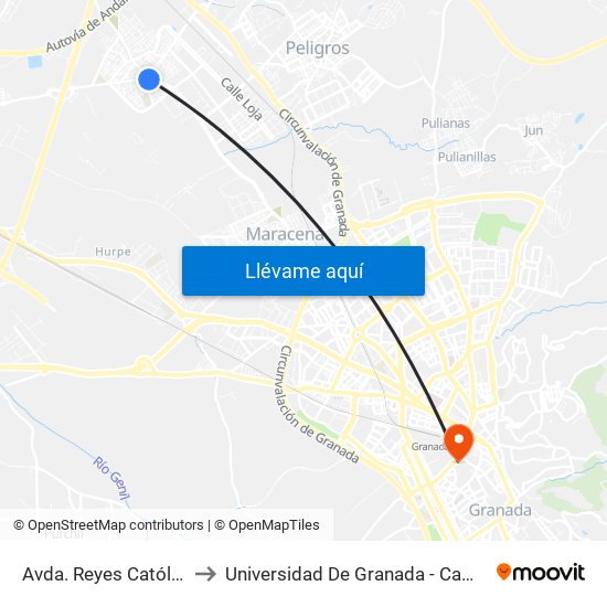 Avda. Reyes Católicos 1 V to Universidad De Granada - Campus Centro map