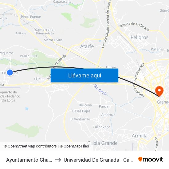 Ayuntamiento Chauchina V to Universidad De Granada - Campus Centro map