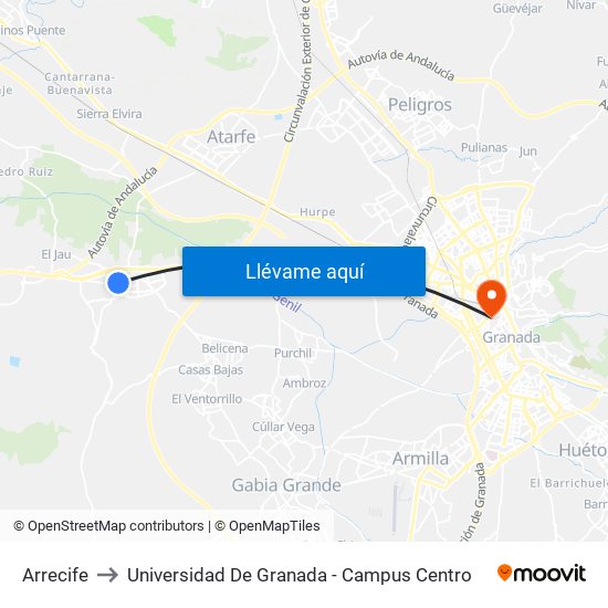 Arrecife to Universidad De Granada - Campus Centro map