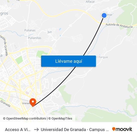 Acceso A Víznar to Universidad De Granada - Campus Centro map