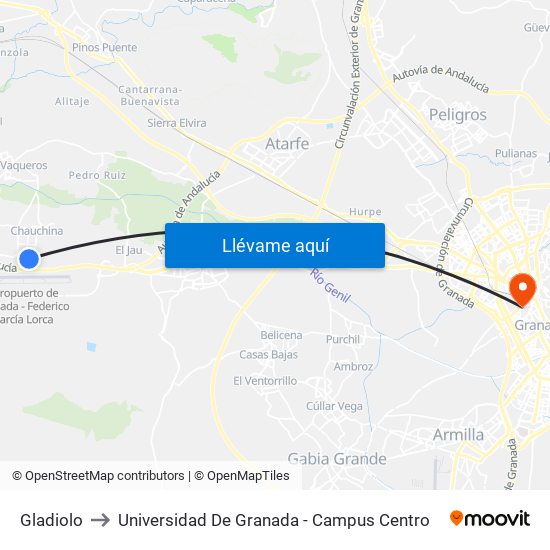 Gladiolo to Universidad De Granada - Campus Centro map