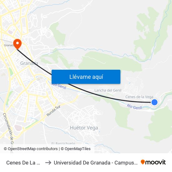 Cenes De La Vega to Universidad De Granada - Campus Centro map