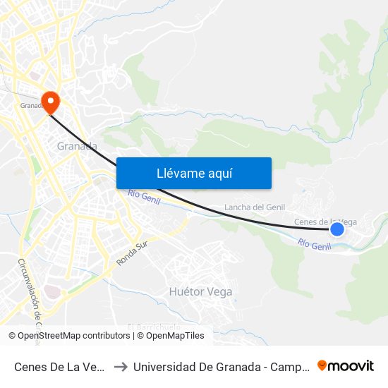 Cenes De La Vega 2 V to Universidad De Granada - Campus Centro map