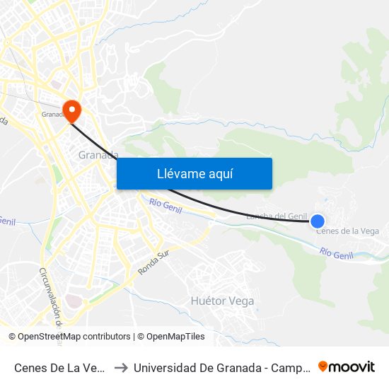 Cenes De La Vega 6 V to Universidad De Granada - Campus Centro map