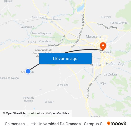 Chimeneas 2 V to Universidad De Granada - Campus Centro map