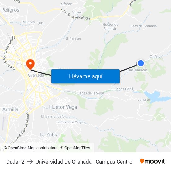 Dúdar 2 to Universidad De Granada - Campus Centro map