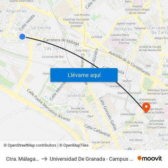 Ctra. Málaga 69 to Universidad De Granada - Campus Centro map
