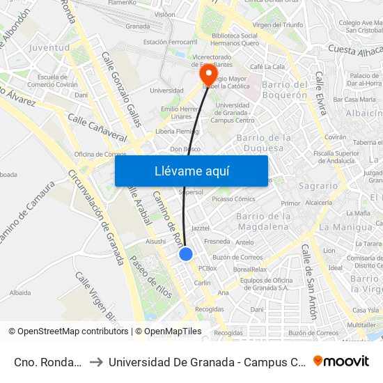 Cno. Ronda 87 to Universidad De Granada - Campus Centro map