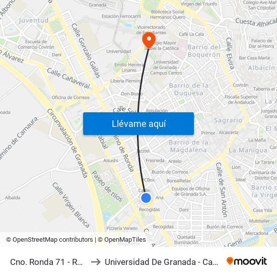 Cno. Ronda 71 - Recogidas to Universidad De Granada - Campus Centro map