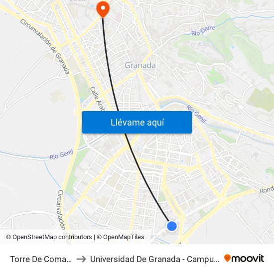 Torre De Comares 8 to Universidad De Granada - Campus Centro map