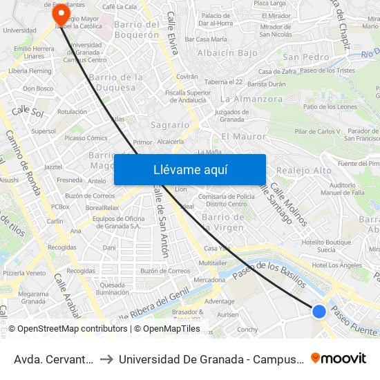 Avda. Cervantes 1 to Universidad De Granada - Campus Centro map