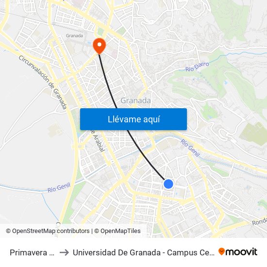 Primavera 27 to Universidad De Granada - Campus Centro map