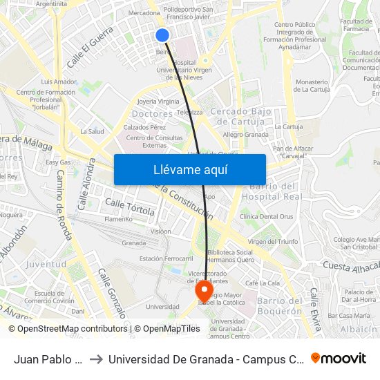 Juan Pablo II 5 to Universidad De Granada - Campus Centro map