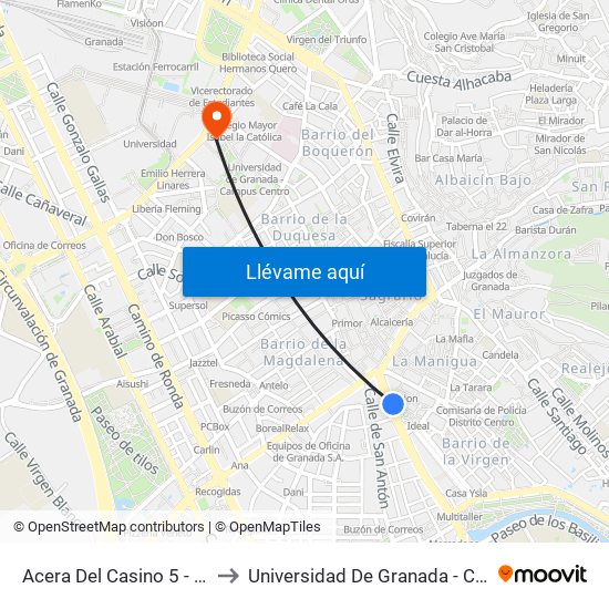 Acera Del Casino 5 - Puerta Real to Universidad De Granada - Campus Centro map