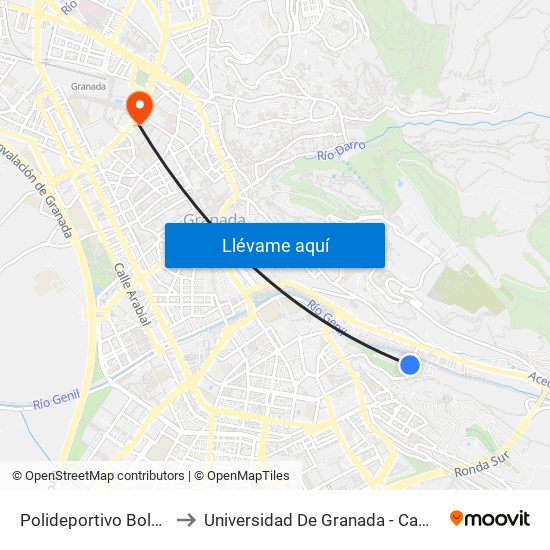 Polideportivo Bola De Oro to Universidad De Granada - Campus Centro map