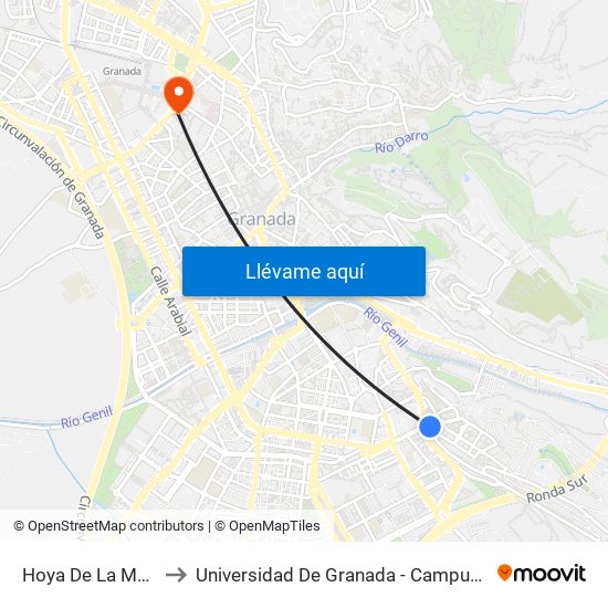 Hoya De La Mora 2 to Universidad De Granada - Campus Centro map