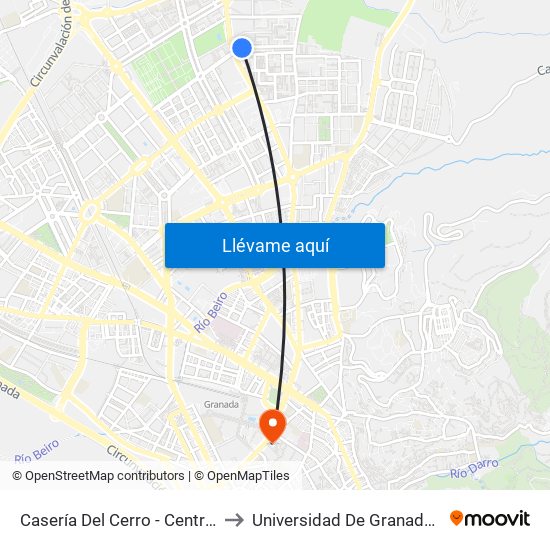 Casería Del Cerro - Centro De Salud Cartuja to Universidad De Granada - Campus Centro map