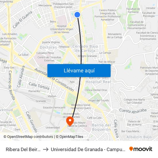 Ribera Del Beiro 43 to Universidad De Granada - Campus Centro map