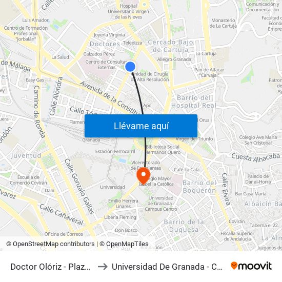 Doctor Olóriz - Plaza De Toros to Universidad De Granada - Campus Centro map