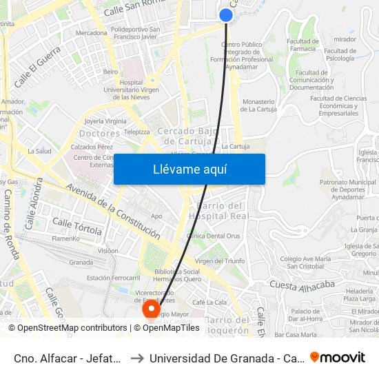 Cno. Alfacar - Jefatura Tráfico to Universidad De Granada - Campus Centro map