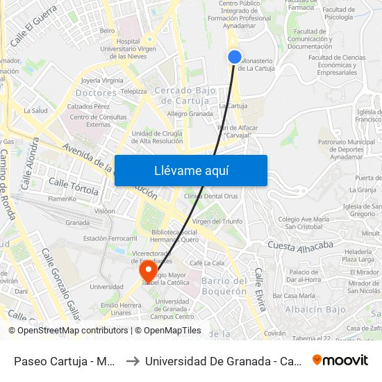 Paseo Cartuja - Monasterio to Universidad De Granada - Campus Centro map