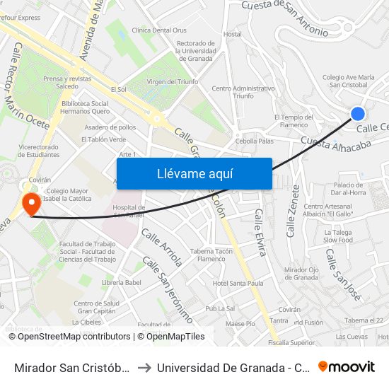 Mirador San Cristóbal - Albaicín to Universidad De Granada - Campus Centro map