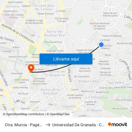 Ctra. Murcia - Pagés - Albaicín to Universidad De Granada - Campus Centro map