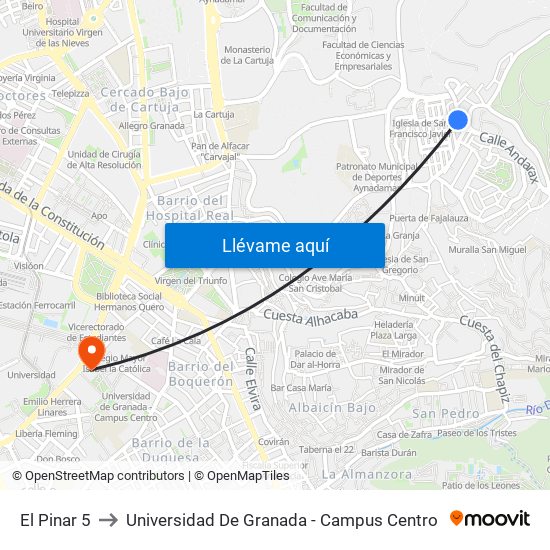El Pinar 5 to Universidad De Granada - Campus Centro map