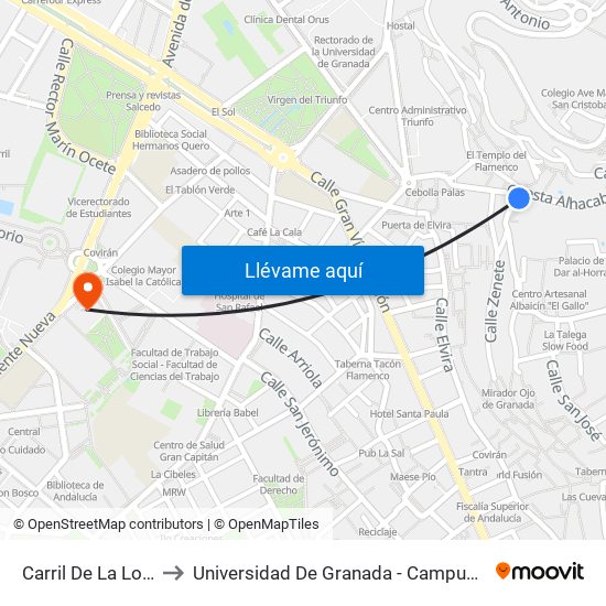 Carril De La Lona 1 to Universidad De Granada - Campus Centro map