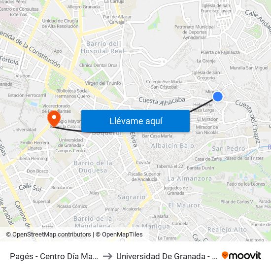 Pagés - Centro Día Mayores Albaicín to Universidad De Granada - Campus Centro map