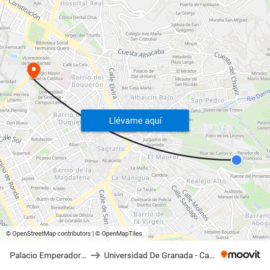 Palacio Emperador Carlos V to Universidad De Granada - Campus Centro map