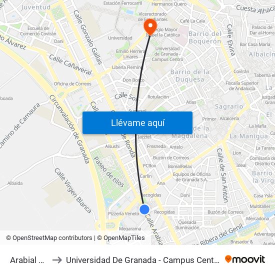 Arabial 22 to Universidad De Granada - Campus Centro map