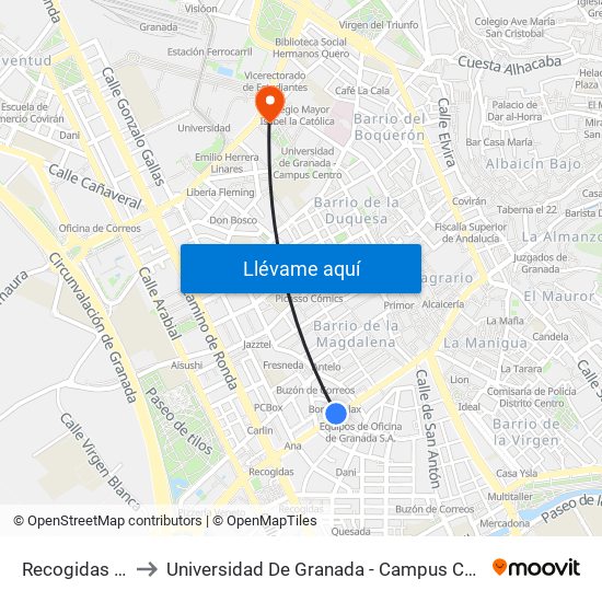 Recogidas 38 to Universidad De Granada - Campus Centro map