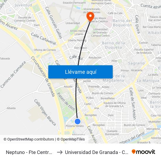 Neptuno - Fte Centro Comercial to Universidad De Granada - Campus Centro map