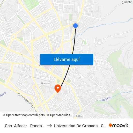 Cno. Alfacar - Ronda Panaderos to Universidad De Granada - Campus Centro map