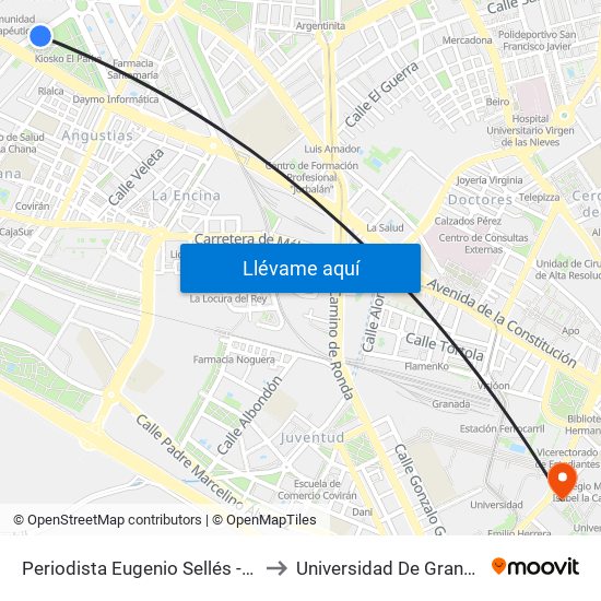 Periodista Eugenio Sellés - Fte Facultad Bellas Artes to Universidad De Granada - Campus Centro map